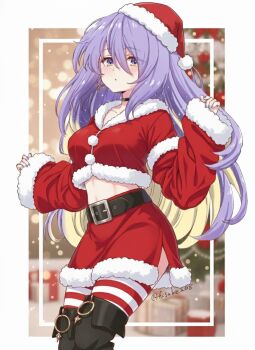 1girl ai-assisted belt black_choker choker christmas christmas_tree commentary english_commentary fuusuke_(fusuke208) gift hat hololive hololive_indonesia long_hair long_sleeves merry_christmas midriff moona_hoshinova puffy_long_sleeves puffy_sleeves purple_hair santa_costume santa_hat striped_clothes striped_thighhighs thighhighs third-party_ai_edit third-party_edit virtual_youtuber