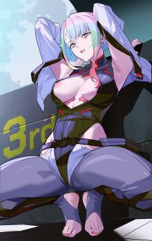 absurdres belt bigroll breasts cleavage_cutout clothing_cutout cyberpunk:_edgerunners cyberpunk_(series) cyborg eyeliner feet full_body highres looking_at_viewer lucy_(cyberpunk) makeup medium_breasts multicolored_hair pantyhose parted_lips short_hair_with_long_locks solo