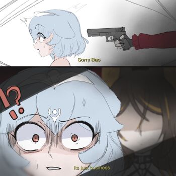 !? 2girls aiming animal_ears bao_the_whale brown_hair collar commentary dog_ears english_commentary fingernails frilled_sleeves frills grey_nails gun handgun highres indie_virtual_youtuber long_fingernails maxyakuzah23 multicolored_hair multiple_girls nervous_sweating no_eyes orange_hair red_eyes shaded_face sinder_(vtuber) small_pupils spiked_collar spikes surprised sweat virtual_youtuber weapon