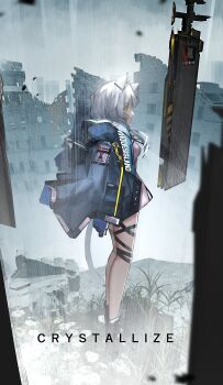 Rule 34 | 1girl, absurdres, animal ears, arknights, black shoes, blue jacket, cat ears, cat girl, cat tail, closed mouth, commentary, daisy (flower), english text, flower, from side, full body, green eyes, highres, jacket, kisaragi pana, long hair, open clothes, open jacket, plant, rhodes island logo (arknights), rosmontis (arknights), ruins, shoes, solo, standing, tail, white flower, white hair