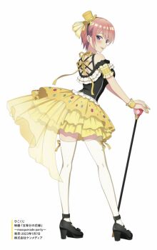 1girl :p anime_coloring artist_request black_hairband blue_eyes blush breasts cane commentary_request from_behind full_body go-toubun_no_hanayome hairband hat high_heels holding holding_cane large_breasts layered_skirt looking_at_viewer looking_back mini_hat mini_top_hat miniskirt nakano_ichika off_shoulder pink_hair short_hair simple_background single_sidelock skirt solo strappy_heels thighhighs tongue tongue_out top_hat white_background white_thighhighs wrist_cuffs yellow_hat yellow_skirt yellow_wrist_cuffs zettai_ryouiki