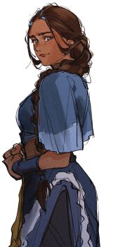 Rule 34 | 1girl, avatar: the last airbender, avatar legends, belt, black pants, blue eyes, blue robe, bracelet, braid, breasts, brown hair, commentary, cowboy shot, dark-skinned female, dark skin, facing to the side, hair ornament, highres, jeweldraw, jewelry, katara, light smile, lips, long hair, looking at viewer, medium breasts, own hands together, pants, robe, side slit, simple background, single braid, solo, very long hair, white background