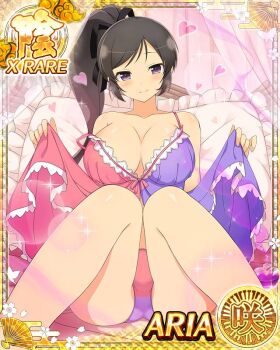 1girl aphrodisiac aria_(senran_kagura) bedroom black_hair black_ribbon blush border breasts card_(medium) character_name cleavage closed_mouth come_hither english_text game_cg gas hair_ribbon heart heart-shaped_bottle high_side_ponytail knees_up large_breasts long_hair looking_at_viewer multicolored_negligee multicolored_panties official_alternate_costume official_art on_bed panties pillow purple_eyes purple_negligee purple_panties red_negligee red_panties ribbon senran_kagura senran_kagura_new_wave smell smile solo spread_legs underwear