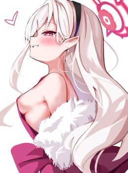 1girl areola_slip artist_request bare_shoulders blue_archive blush breasts dress earrings fluffy from_side halo halo_behind_head headband heart highres jewelry loli long_hair looking_at_viewer mesugaki mutsuki_(blue_archive) nipple_slip nipples pointy_ears purple_eyes sideboob simple_background small_breasts smile solo teasing teeth white_background white_hair