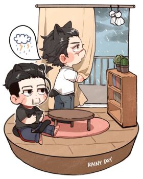 2boys animal_ears balcony black_shirt blush_stickers book bookshelf cactus cat_ears cat_tail cellphone commentary_request curtains denim dog_ears dog_tail english_text facial_hair facial_scar goatee_stubble golden_kamuy holding holding_phone indoors jeans loafers ma9l4raa male_focus multiple_boys ogata_hyakunosuke pants phone plant potted_plant railing rain red_carpet scar scar_on_cheek scar_on_face shirt shoes simple_background sitting smartphone speech_bubble standing stubble sugimoto_saichi sweatpants t-shirt table tail thunder white_background white_shirt wooden_floor wooden_table