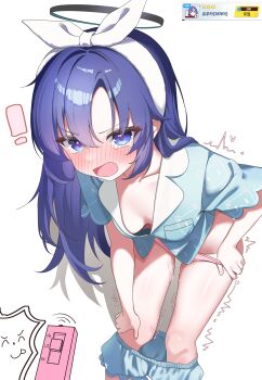 ! 1boy 1girl ^^^ absurdres black_halo blue_archive blue_eyes blue_hair blue_pajamas blue_shirt blue_shorts blush bow_hairband breasts cleavage clothes_pull collarbone commentary_request controller doodle_sensei_(blue_archive) drawing_flover embarrassed hairband halo highres holding holding_remote_control implied_vibrator long_hair looking_at_viewer medium_breasts nose_blush official_alternate_costume official_alternate_hairstyle open_mouth pajamas panties pink_panties pov pov_hands print_pajamas pussy_juice remote_control remote_control_vibrator sensei_(blue_archive) sex_toy shirt short_shorts shorts shorts_pull simple_background tearing_up thighs trembling underwear v-shaped_eyebrows vibrator white_background white_hairband wireless_sex_toy_controller yuuka_(blue_archive) yuuka_(pajamas)_(blue_archive)