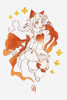 Rule 34 | + +, 1girl, absurdres, animal ear fluff, animal ears, back bow, bare shoulders, bling (infinity nikki), bow, bow-shaped hair, cat ears, chinese clothes, chinese commentary, clenched hand, closed mouth, coin, commentary request, detached sleeves, dot nose, double bun, facial mark, fingerless gloves, floating hair, forehead mark, frilled thigh strap, full body, fur leg warmers, fur scarf, fur wrist cuffs, gloves, gold coin, gradient clothes, grey background, hair bun, hair ornament, hand on own head, happy, highres, infinity nikki, jumping, kneehighs, knees, leg warmers, light blush, loafers, long hair, long sleeves, low twintails, miniskirt, mountain print, nikki (series), parted bangs, paw pose, pleated skirt, pleated sleeves, pom pom (clothes), pom pom hair ornament, print tabard, qianyimuthyimu, red eyes, red sleeves, red socks, red tabard, scarf, shirt, shoes, signature, simple background, skirt, sleeveless, sleeveless shirt, smile, socks, solo, stylist (nikki), tabard, thigh strap, twintails, very long hair, wavy hair, white bow, white gloves, white hair, white leg warmers, white scarf, white shirt, white shoes, white skirt, white wrist cuffs, wide sleeves, wrist cuffs, yellow pupils