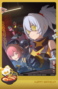 Rule 34 | 2girls, absurdres, anger vein, arcade, arcade cabinet, arcade stick, black gloves, bowl, char siu, chibi, chili pepper, chinese commentary, chinese spoon, chopsticks, controller, eating, food, game controller, gloves, happy birthday, hat, highres, holding, holding chopsticks, holding spoon, indoors, joystick, magus (zenless zone zero), mechanical tail, multiple girls, noodles, official art, orange pupils, orphie magnusson, party hat, playing games, playing video games, ramen, small sweatdrop, smile, softboiled egg, soldier 11 (zenless zone zero), spoon, tail, zenless zone zero