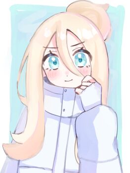1girl blonde_hair blue_eyes blush closed_mouth coat hair_between_eyes hair_bun highres korrina_(pokemon) light_smile long_bangs long_hair long_sleeves looking_at_viewer nendo_0603 nintendo pokemon pokemon_legends:_z-a solo upper_body white_coat