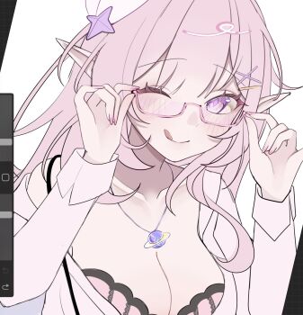 1girl adjusting_eyewear breasts cleavage cyrene_(honkai:_star_rail) diamond-shaped_pupils diamond_(shape) highres honkai:_star_rail honkai_(series) one_eye_closed pink-framed_eyewear pink_nails pointy_ears rosheil solo symbol-shaped_pupils tongue tongue_out upper_body