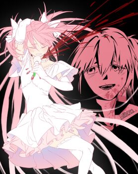 1girl absurdly_long_hair alien_stage arm_over_head avanes_d blood blood_from_neck blood_on_face blood_splatter blood_spray bow closed_eyes commentary dress elbow_gloves gloves hair_bow highres holding holding_microphone kaname_madoka long_hair mahou_shoujo_madoka_magica mahou_shoujo_madoka_magica_(anime) microphone multiple_hair_bows multiple_views pink_hair smile tattoo teeth thighhighs two_side_up ultimate_madoka very_long_hair white_bow white_dress white_gloves white_thighhighs