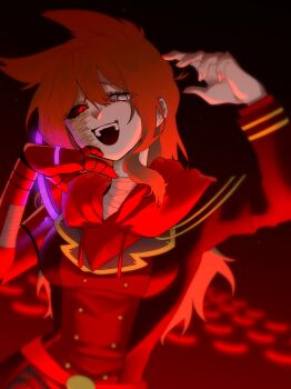 1girl animification antenna_hair bandaged_neck bandages belt black_coat black_sclera breasts brown_hair burn_scar buttons coat colored_sclera cosplay doughkim3506 drawstring eddsworld fangs genderswap genderswap_(mtf) glowing grey_eyes hair_ears hands_up heterochromia highres hood hood_down hoodie long_hair long_sleeves looking_at_viewer mechanical_arms medium_breasts mismatched_sclera open_mouth red_belt red_eyes red_hoodie red_leader_(eddsworld) red_leader_(eddsworld)_(cosplay) red_theme scar self_cosplay sidelocks single_mechanical_arm smile solo the_beginning_and_the_friend tord_(eddsworld) tori_(eddsworld) upper_body