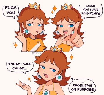 1girl blue_eyes brown_hair commentary cremanata crown earrings english_commentary english_text flipped_hair flower_earrings highres jewelry mario_(series) mario_strikers:_battle_league mario_strikers_(series) medium_hair meme middle_finger nintendo open_mouth orange_shirt pointing princess_daisy profanity shirt simple_background speech_bubble teeth tongue tongue_out upper_teeth_only white_background