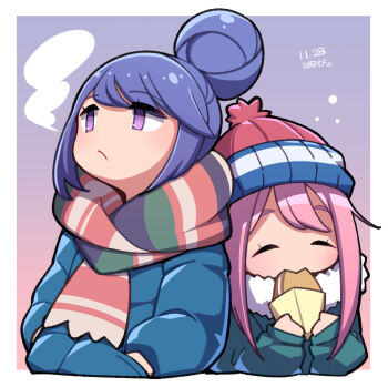 2girls ^_^ beanie blue_hair blue_jacket closed_eyes coat cream_puff deformed eating expressionless food green_jacket hair_bun hat highres jacket kagamihara_nadeshiko multiple_girls parka pink_hair pink_hat pom_pom_(clothes) pom_pom_beanie purple_eyes scarf shima_rin simple_background snowing striped_clothes striped_scarf umenodo winter_clothes winter_coat yurucamp