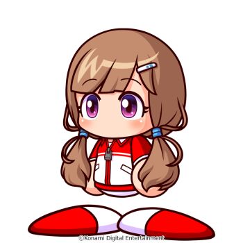 Rule 34 | 1girl, artist request, brown hair, chibi, chibi only, copyright notice, hair ornament, hairclip, jacket, jikkyou powerful pro yakyuu, jikkyou powerful pro yakyuu (style), long hair, low twintails, motowaka haruhi, multicolored jacket, no mouth, official art, purple eyes, rayman limbs, red jacket, solo, track jacket, twintails, white background, white jacket