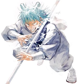 Rule 34 | 1boy, 28cg, absurdres, arm wrap, blue eyes, blue hair, commentary request, electricity, fighting stance, foot out of frame, grey jacket, grey pants, grin, hands up, highres, jacket, jujutsu kaisen, kashimo hajime, male focus, pants, short hair, short twintails, smile, solo, staff, teeth, twintails, v-shaped eyebrows, veins, white background