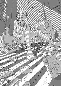 1girl cassette_tape computer earphones floppy_disk gaako_illust greyscale headphones highres monochrome original phone rubik&#039;s_cube sitting solo television thermometer thighhighs unfinished video_camera videocassette