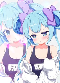 Rule 34 | 1girl, bare shoulders, blue eyes, blue hair, blush, bow, breasts, closed mouth, collarbone, commentary request, frown, hair bow, hatuyuki 1017, highres, jacket, long hair, long sleeves, looking at viewer, name tag, off shoulder, old school swimsuit, one-piece swimsuit, ongeki, school swimsuit, sidelocks, sleeves past wrists, small breasts, solo, suzushima arisu, swimsuit, twintails, upper body, v-shaped eyebrows