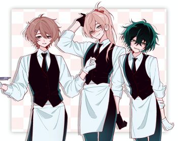 3boys androgynous apron arm_behind_back arm_up bandage_on_face bandages black_gloves black_hair black_necktie black_pants black_vest blush bow brown_eyes brown_hair butler collared_shirt commentary degrees_of_lewdity english_commentary glasses gloves green_eyes hair_between_eyes hair_bow hair_half_over_shoulder hair_ornament hair_over_one_eye hairclip hand_up height_difference high_ponytail highres holding holding_tray kylar_(degrees_of_lewdity) kylar_(male)_(degrees_of_lewdity) long_hair long_sleeves looking_at_viewer male_focus mole mole_under_eye multiple_boys necktie pants ponytail red_bow robin_(degrees_of_lewdity) robin_(male)_(degrees_of_lewdity) shirt short_hair smile sydney_(degrees_of_lewdity) sydney_(male)_(degrees_of_lewdity) tray vest waiter white_gloves white_shirt yoijc