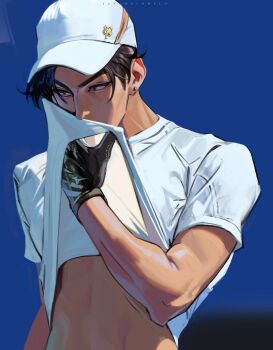 1boy arm_up artist_name baseball_cap biceps black_gloves black_hair blue_background chadetteisgiga clothes_pull covering_own_mouth cropped_arm ear_piercing earrings gloves hand_on_own_face hat highres jewelry male_chest male_focus piercing pulling_own_clothes purple_eyes sato_kenji shirt simple_background single_earring solo toned toned_male ultra_series ultraman ultraman:_rising upper_body white_shirt