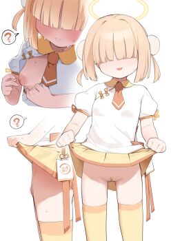 1girl ? blonde_hair blonde_pubic_hair blue_archive blush breasts bun_cover clothes_lift female_pubic_hair hair_bun hair_over_eyes halo highres kumanomi lifting_own_clothes loli multiple_views necktie nipples open_mouth orange_necktie pubic_hair pussy shanhaijing_secondary_school_student_(blue_archive) shirt short_hair short_necktie skirt skirt_lift small_breasts speech_bubble spoken_question_mark sweat thighhighs white_background white_shirt yellow_halo yellow_skirt yellow_thighhighs