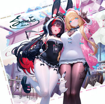 2girls absurdres animal_ears bell black_bodystocking blonde_hair blue_eyes blunt_bangs bodystocking breasts cleavage_cutout clothing_cutout colored_inner_hair detached_sleeves dk.senie highres hood hood_up jacket large_breasts long_hair medium_breasts multicolored_hair multiple_girls neck_bell open_clothes open_jacket open_mouth original pantyhose pleated_skirt rabbit_ears red_eyes skirt streaked_hair thighhighs two-tone_hair white_thighhighs