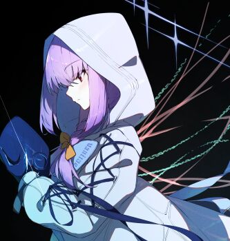 1girl atsuko_(blue_archive) black_background blue_archive blue_gloves gloves highres holding holding_mask hood hood_up karasuri long_hair long_sleeves looking_back mask pink_eyes purple_hair solo upper_body