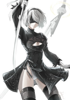 1girl 2b_(nier:automata) absurdres android armband arms_up ass black_dress black_thighhighs breasts cleavage cleavage_cutout clothing_cutout covered_eyes covered_navel cowboy_shot crotch dress feather-trimmed_sleeves feet_out_of_frame floating_clothes gloves groin hair_flowing_over hair_over_one_eye headband highres hip_bones holding holding_sword holding_weapon joihon leotard medium_breasts mole mole_under_mouth narrow_waist nier:automata nier_(series) open_mouth out_of_frame panties pantyshot short_hair signature simple_background skin_tight skinny solo standing sword thighhighs thighs underwear weapon white_background white_gloves white_leotard