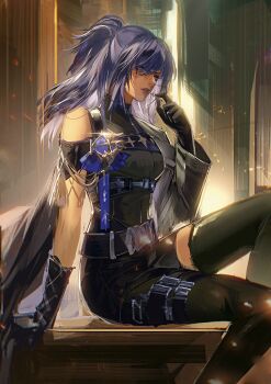 1girl absurdres aged_up alley arm_tattoo belt black_bodysuit black_boots black_gloves blue_eyes blue_hair bodysuit boots box breasts candy chinese_commentary city commentary covered_navel crate food gloves hair_over_one_eye half_updo highres holding holding_candy holding_food holding_lollipop horo_(path_to_nowhere) knee_boots knee_up lollipop lollipop_in_mouth medium_breasts on_box path_to_nowhere ponytail qingci single_bare_shoulder single_leg_bodysuit single_sleeve sitting solo tassel tattoo thigh_strap thighhighs zettai_ryouiki