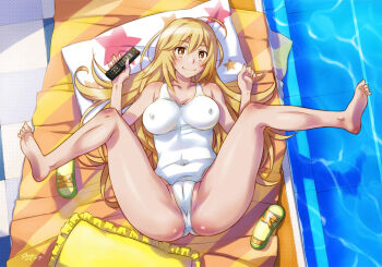 1girl ass barefoot blonde_hair breasts bright_pupils brown_eyes cameltoe closed_mouth collarbone commentary_request commission controller covered_erect_nipples covered_navel dated hair_between_eyes head_on_pillow holding holding_remote_control large_breasts legs_up long_hair looking_at_viewer lying on_back one-piece_swimsuit outdoors pillow pixiv_commission pool poolside remote_control sameha_ikuya sandals school_swimsuit shokuhou_misaki signature smile solo sparkling_eyes spread_legs star-shaped_pupils star_(symbol) star_print swimsuit symbol-shaped_pupils toaru_kagaku_no_mental_out toaru_kagaku_no_railgun toaru_majutsu_no_index toes unworn_sandals very_long_hair white_one-piece_swimsuit white_pupils