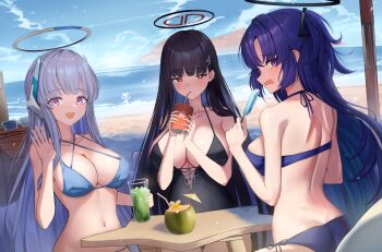 4girls :d ass back beach bikini black_hair black_one-piece_swimsuit blue_archive blue_bikini blue_hair blue_sky breasts butt_crack cleavage coconut coconut_cup commentary_request cup day drinking drinking_glass fanfanta_152 food fruit_as_cup grey_hair hair_ornament hairclip headgear highres holding holding_cup holding_food holding_popsicle koyuki_(blue_archive) large_breasts looking_at_viewer multicolored_hair multiple_girls noa_(blue_archive) ocean one-piece_swimsuit open_mouth outdoors popsicle purple_bikini purple_eyes purple_hair red_eyes ringed_eyes rio_(blue_archive) seminar_(blue_archive) sky smile sunglasses swimsuit two-tone_hair unworn_eyewear yuuka_(blue_archive)