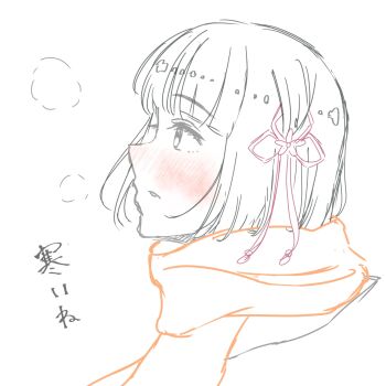 1girl blush commentary_request flower flower_knot from_side hair_flower hair_ornament highres link!_like!_love_live! looking_ahead love_live! momose_ginko nose_blush okome_(okome_l_l) orange_scarf parted_lips profile scarf sideways_mouth simple_background sketch solo virtual_youtuber white_background