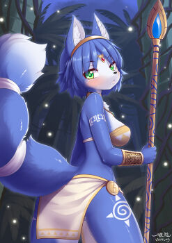 1girl animal_ear_fluff animal_ears artist_name ass back bare_shoulders bikini bikini_top_only blue_hair blue_sky blush breasts choker circlet closed_mouth cowboy_shot eyes_visible_through_hair female_focus fox_ears fox_tail from_behind furry furry_female green_eyes hand_up highres holding holding_polearm holding_spear holding_weapon jewelry krystal leg_tattoo looking_back looking_to_the_side medium_breasts necklace night nintendo outdoors pelvic_curtain polearm shiny_skin short_hair shoulder_tattoo signature skindentation sky snout solo spear standing star_fox star_fox_adventures strapless strapless_bikini sweat swimsuit tail tattoo tree tribal vambraces weapon wolflong yellow_bikini