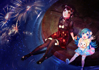 2girls absurdres aerial_fireworks age_difference animal animal_bag ankle_bow ankle_ribbon bag bare_arms black_shirt black_shoes black_socks blue_dress blue_eyes blue_hair blue_shoes bow bowtie bright_pupils brown_eyes brown_hair buttons cat child cloak clock clothed_animal collared_shirt dress ear_covers exploding_fireworks_(shining_nikki) eyelashes fireworks frilled_bag frilled_shirt_collar frilled_socks frills full_body hair_ornament happy height_difference high_heels highres holding holding_animal holding_cat hood hood_up hooded_cloak knees lace lace-trimmed_dress lace_trim light_particles long_hair looking_up marina_(shining_nikki) momo_(nikki) multiple_girls night nikki_(nikki) nikki_(series) official_alternate_color open_mouth outdoors outstretched_arm outstretched_leg over-kneehighs oversized_object pink_bag pink_bow pink_socks pink_tank_(pixiv_69523419) pleated_dress pom_pom_(clothes) print_dress print_socks puffy_short_sleeves puffy_sleeves pumps rabbit_bag red_bow red_bowtie red_dress reflection reflective_liquid ribbon ripples see-through_clothes see-through_shirt see-through_socks shadow shining_nikki shirt shirt_under_dress shoes short_dress short_hair short_sleeves short_twintails shoulder_bag sitting sitting_on_clock smile snowflake_hair_ornament snowflake_print soaking_feet socks solid_oval_eyes spaghetti_strap sparkle star_(symbol) star_hair_ornament star_print straight_hair tareme teeth thighhighs tile_floor tiles traditional_bowtie twintails upper_teeth_only very_long_hair water whiskers white_cat white_pupils yellow_cloak yellow_shirt