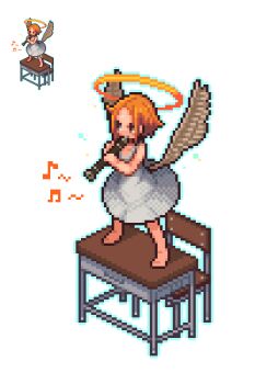 1girl angel angel_wings barefoot blonde_hair blue_outline chair clarinet commentary_request desk dress halo instrument low_wings music musical_note omunikin on_desk original outline pixel_art playing_instrument school_chair school_desk simple_background sitting solo white_background white_dress wings