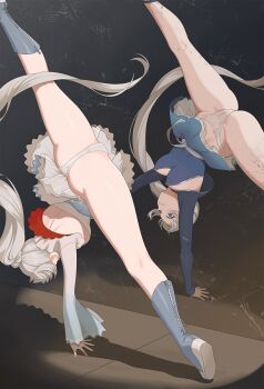 1girl ass blue_eyes boots breasts cameltoe cartwheel commentary different_reflection dual_persona english_commentary flexible floating_hair highres long_hair looking_at_mirror md5_mismatch medium_breasts mirror paid_reward_available panties ponytail reflection rwby spinning split spread_legs thighs underwear very_long_hair wangxiii weiss_schnee white_hair white_panties