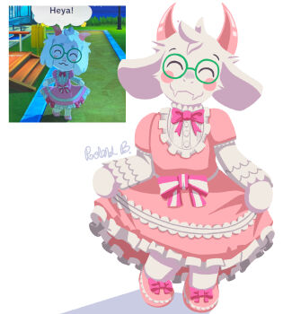 1boy absurdres alternate_costume animal_ears blush closed_eyes closed_mouth commentary deltarune dress english_commentary fangs full_body furry furry_male glasses green-framed_eyewear highres horns male_focus pink_dress pink_shoes ralsei reference_inset robablo round_eyewear shoes short_sleeves simple_background skin_fangs smile solo tomodachi_life tomodachi_life:_living_the_dream utdr_(toby_fox) white_background