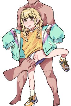 1girl 2boys absurdres anus blonde_hair braid censored clothed_female_nude_male clothing_aside commentary commission english_commentary fang flat_chest fujita_kotone gakuen_idolmaster green_jacket group_sex hetero highres idolmaster jacket leg_up loli long_hair long_sleeves miniskirt mmf_threesome mosaic_censoring multiple_boys nude open_clothes open_jacket open_mouth panties panties_aside pleated_skirt poyo154297 purple_skirt pussy shirt shoes simple_background skin_fang skirt sleeves_past_wrists sneakers socks solo_focus threesome transparent_background twin_braids underwear white_panties white_shirt white_socks yellow_eyes yellow_shoes