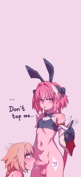 Rule 34 | ..., 1boy, 1girl, astolfo (fate), blonde hair, blue eyes, bow, bowtie, braid, braided ponytail, caught, detached sleeves, english text, fate/grand order, fate (series), fellatio, functionally nude, hair bow, heart, hej 510, jeanne d'arc (fate), midriff, navel, nervous sweating, oral, penis, pink eyes, pink hair, rabbit ears, saliva, simple background, sweat, testicles, trap, trap on female