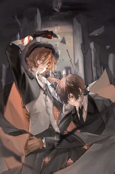 2boys absurdres arm_up artist_name bandage_over_one_eye bandaged_neck bandages black_coat black_gloves black_hat black_jacket black_necktie black_pants black_suit blue_eyes body_markings brown_eyes brown_gloves brown_hair building bungou_stray_dogs chinese_commentary closed_mouth coat coat_on_shoulders collared_shirt cowboy_shot cropped_jacket cross_tie dazai_osamu_(bungou_stray_dogs) debris dress_pants evil_smile facial_mark fedora feet_out_of_frame formal_clothes gauze gauze_on_cheek gloves grey_coat grey_vest hair_between_eyes hand_on_another&#039;s_back hand_on_another&#039;s_hip hand_on_another&#039;s_neck hat highres jacket knee_up kneeling light_smile long_sleeves looking_at_another looking_at_viewer low_ponytail mafia male_focus medium_hair multiple_boys nakahara_chuuya_(bungou_stray_dogs) necktie open_collar orange_coat orange_hair overcast pants parted_lips ponytail shirt short_hair sideways_glance sitting sky smile smirk suit suit_jacket three-quarter_sleeves two-sided_coat two-sided_fabric vest white_shirt yaoi zongsi600
