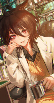 1girl absurdres agnes_tachyon_(tach-nology)_(umamusume) agnes_tachyon_(umamusume) ahoge animal_ears blush book brown_hair chair coat collared_shirt commentary_request cup desk hair_between_eyes highres holding holding_cup horse_ears horse_girl huge_ahoge kaburagi_yasutaka lab_coat long_sleeves parted_lips red_eyes shirt sitting smile solo steaming_cup sweater sweater_vest swivel_chair umamusume white_coat wolf_cut yellow_sweater yellow_sweater_vest