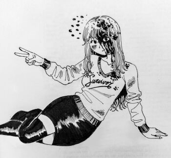1girl blood blood_on_face blush collarbone english_text heidi_(heytherenrds) injury long_hair monochrome original pencil_skirt simple_background sketch skirt solo sweater thighhighs v