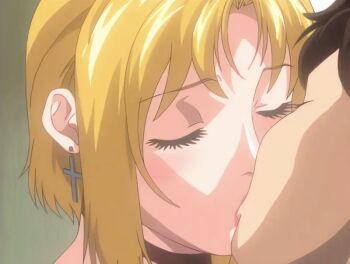 00s 1girl 2005 age_difference animated animated_gif anime_screenshot bare_shoulders bible_black bible_black_new_testament blonde_hair blue_eyes breasts brown_hair cross cross_earrings dress earrings hug jewelry kiss kitami_reika large_breasts lips lipstick makeup neck_strap older_female_and_younger_male purple_eyes red_dress school_nurse school_uniform shin_bible_black short_hair skirt tagme tears witch yamanishi_naoto