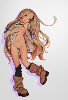 1girl beige_dress belt belt_buckle black_socks blonde_hair blue_eyes blue_ribbon boots brown_belt brown_boots buckle censored closed_mouth clothes_lift dress dress_lift drop_shadow eyeball_hair_ornament female_focus flat_chest frilled_dress frills full_body highres lifting_own_clothes loli long_hair looking_at_viewer loose_socks muk_(monsieur) navel nina_(tiny_evil) nipples no_bra no_panties pussy ribbon simple_background socks solo tagme tareme tiny_evil tongue tongue_out uncensored very_long_hair white_sleeves zipper_pull_tab