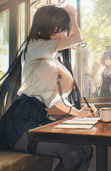 4girls absurdres black_hair black_halo black_pantyhose black_skirt blue_archive blush booth_seating breasts halo highres huge_breasts implied_vibrator indoors kryp132 long_hair looking_at_viewer multicolored_halo multiple_girls nipple_clamps nipples noa_(blue_archive) open_clothes open_shirt pantyhose pleated_skirt public_indecency public_nudity red_eyes red_halo remote_control_vibrator rio_(blue_archive) sex_toy shirt shirt_tucked_in skirt textless_version two-tone_halo vibrator white_shirt window yuuka_(blue_archive)