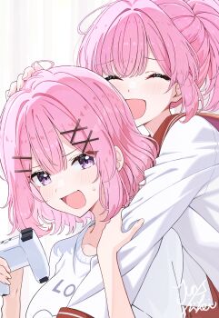 2girls absurdres amaori_haruna amaori_renako blush closed_eyes commentary_request controller fang game_controller hair_ornament hairclip headpat highres holding holding_controller holding_game_controller hug hug_from_behind junshiki long_sleeves multiple_girls open_mouth parallel_hairclips pink_hair ponytail purple_eyes red_sailor_collar sailor_collar school_uniform serafuku shirt siblings sisters skin_fang sweatdrop watashi_ga_koibito_ni_nareru_wake_naijan_murimuri! white_shirt x_hair_ornament