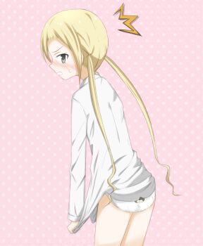 1girl animal_print artist_request ass bear_panties bear_print blonde_hair blush character_panties character_print clenched_teeth clothes_pull cowboy_shot crying crying_with_eyes_open embarrassed from_behind hagimura_suzu loli long_sleeves looking_at_viewer looking_back notice_lines open_mouth panties pink_background polka_dot polka_dot_background print_clothes print_panties print_underwear seitokai_yakuindomo shirt shirt_pull simple_background standing tears teeth twintails underwear white_panties white_shirt yellow_eyes