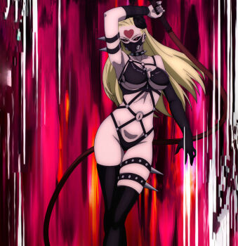 1girl absurdres anime_screenshot arm_strap arm_up armpits black_choker black_nails black_sclera black_thighhighs blonde_hair bondage_outfit breasts choker collar colored_sclera elbow_gloves feet_out_of_frame female_focus forehead_tattoo gloves harness heart heart_o-ring heart_ring_top heart_tattoo highleg highres holding holding_whip kaijin_hime_do-s large_breasts long_hair looking_at_viewer mask mouth_mask nail_polish navel o-ring o-ring_harness one-punch_man red_eyes solo spiked_collar spikes standing stitched tattoo thigh_strap thighhighs third-party_edit whip