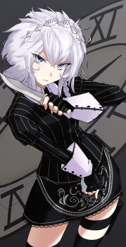 1girl alternate_costume black_gloves black_shirt black_skirt black_thighhighs blue_eyes braid clock eyes_visible_through_hair fingerless_gloves gloves grey_hair hair_between_eyes highres holding holding_knife holding_weapon izayoi_sakuya juliet_sleeves knife koumajou_densetsu long_sleeves looking_at_viewer maid_headdress pocket_watch puffy_sleeves roman_numeral serious shirt skirt solo spottylen standing striped_clothes striped_shirt thigh_strap thighhighs touhou twin_braids vertical-striped_clothes vertical-striped_shirt watch weapon