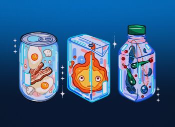 bacon blue_background blue_feathers blue_gemstone bottle calcifer can carton earrings egg_(food) feathers food fried_egg gem gradient_background green_gemstone highres howl_no_ugoku_shiro jewelry liquid meyoco no_humans red_gemstone simple_background sparkle